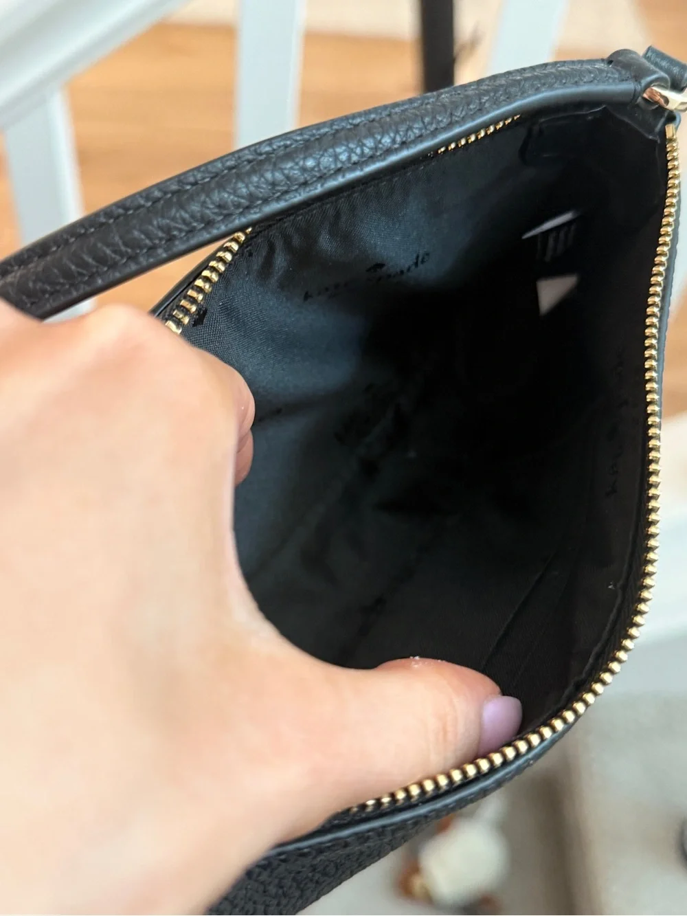 kate spade Black Pebbled Leather Mini Shoulder Pouch with Gold Spade Hardware